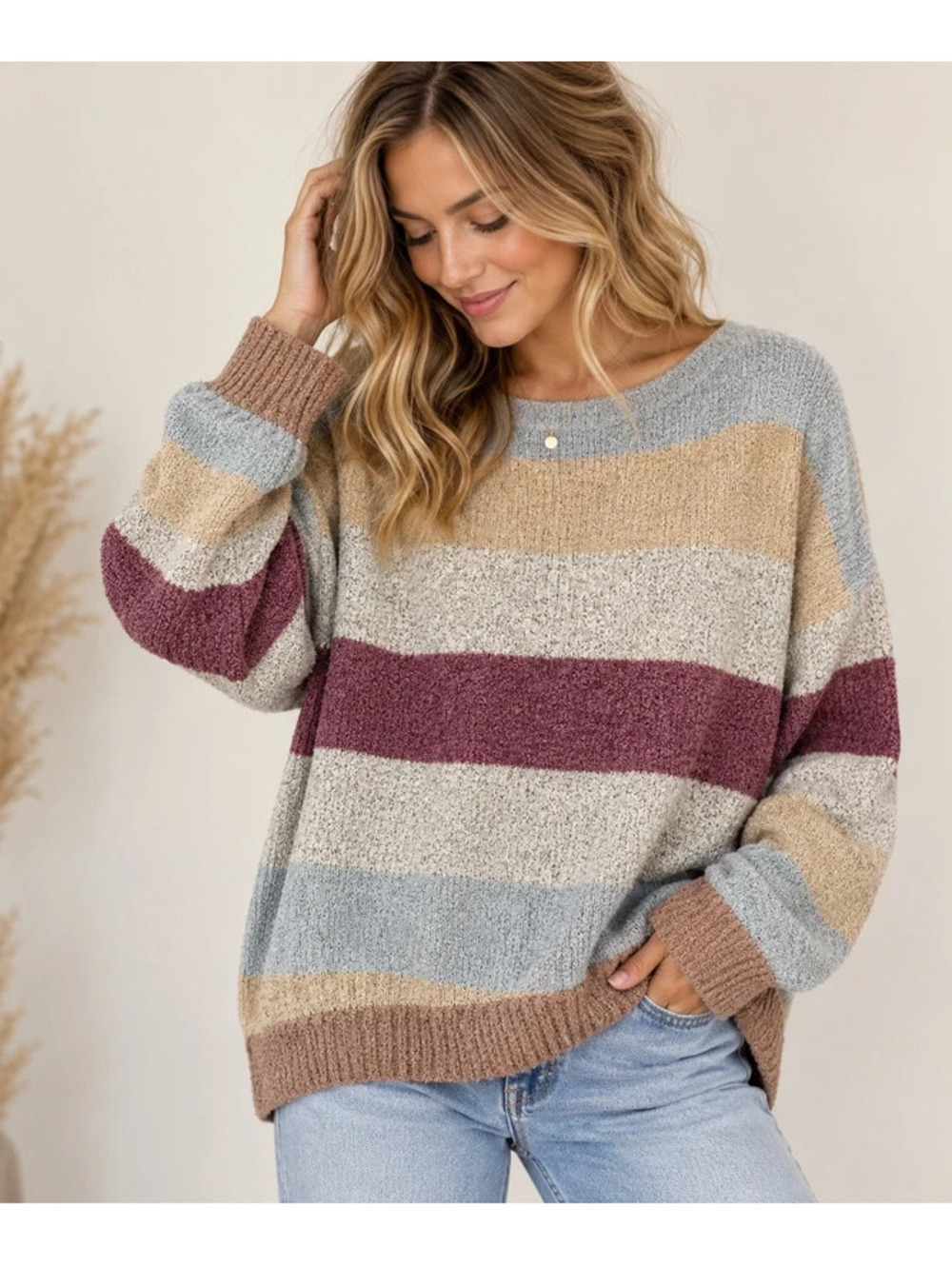 Hem & Thread Striped Oversized Sweater Women’s L Neutral Burgundy Boho Knit